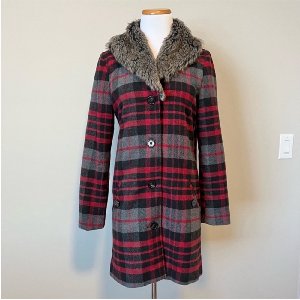 Plaid Car Coat with Faux Fur Collar